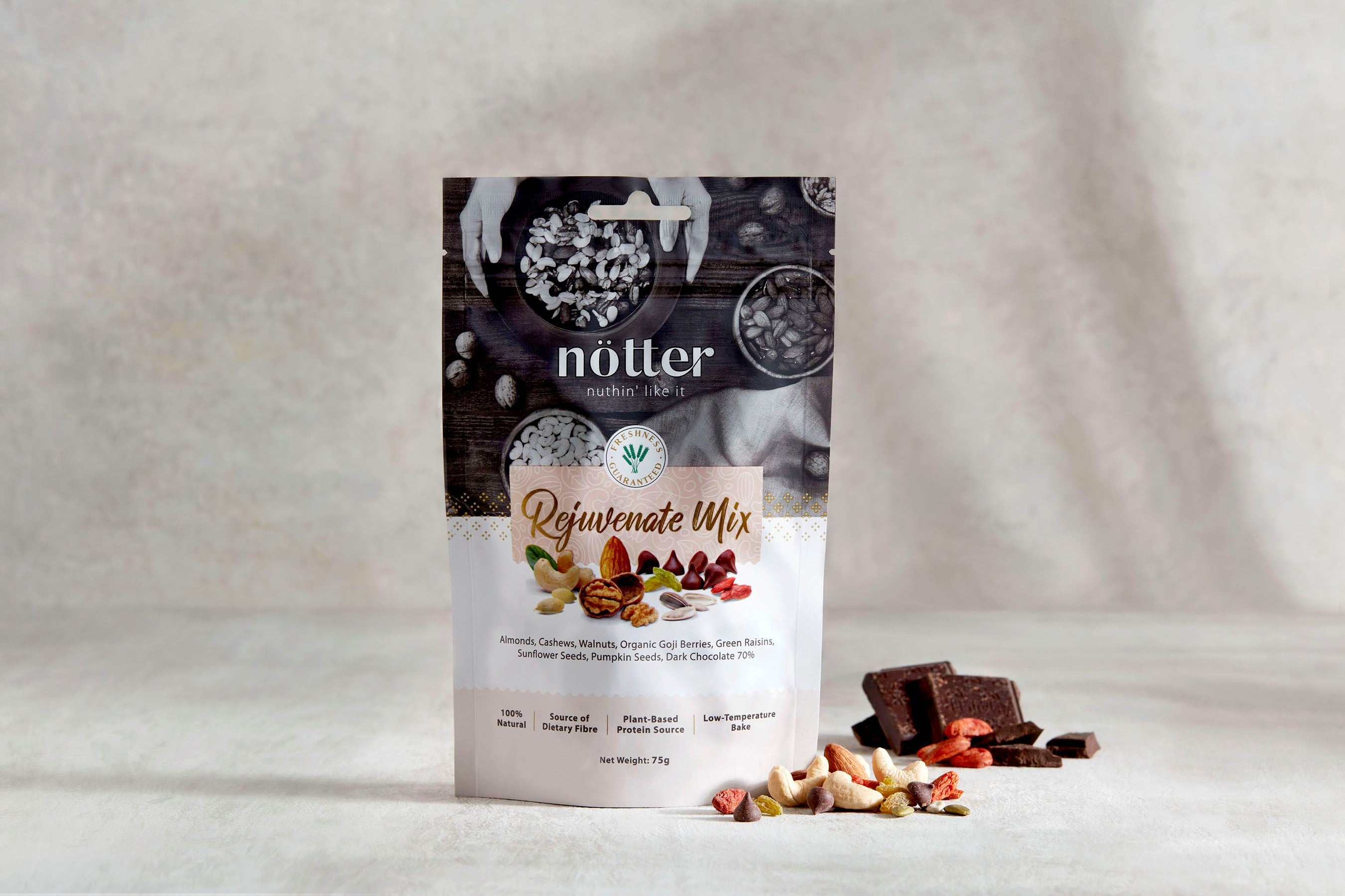 pack of gourmet notter nuts containing Almonds, Cashews, Walnuts, Organic Goji Berries, Green Raisins, Sunflower seeds, Pumpkin seeds and 70% dark Chocolate