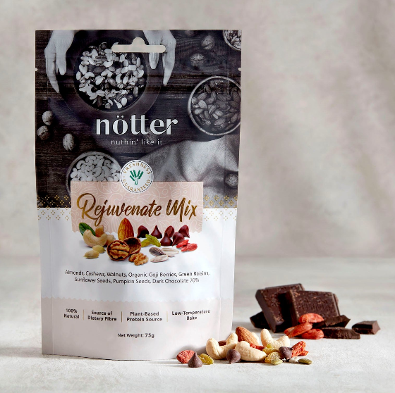 pack of notter nuts containing Almonds, Cashews, Walnuts, Organic Goji Berries, Green Raisins, Sunflower seeds, Pumpkin seeds and 70% dark Chocolate